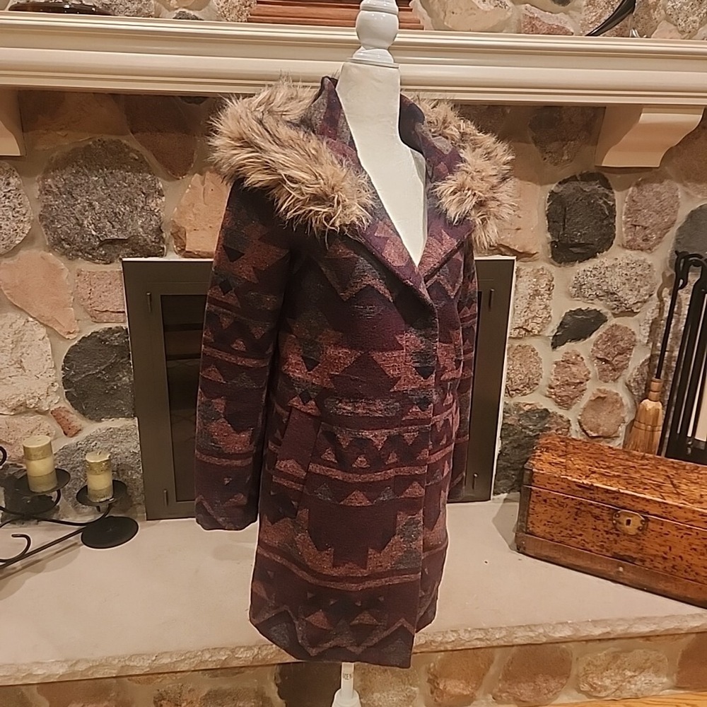 BB‎ Dakota Women's Aztec Fur Trim Coat XS Blanket Southwestern Jacket